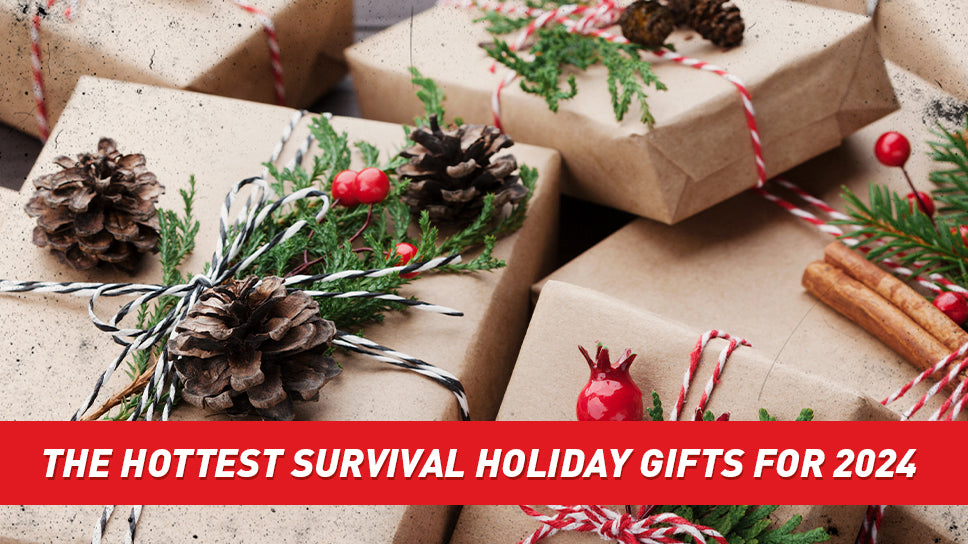 A bunch of holiday gifts wrapped in light brown paper and ripped with pine sprigs and pinecones.