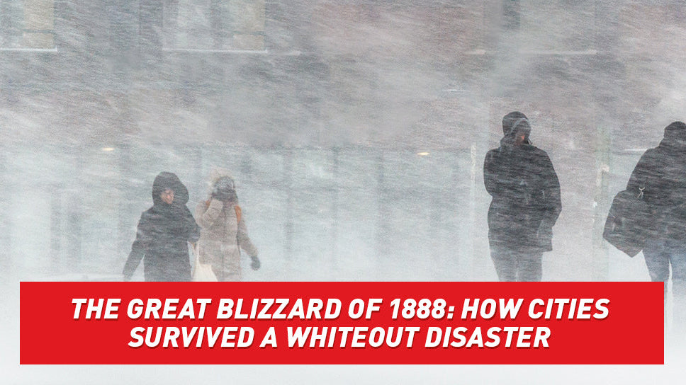 A small crowd of people, bundled up and trekking through a snow storm.