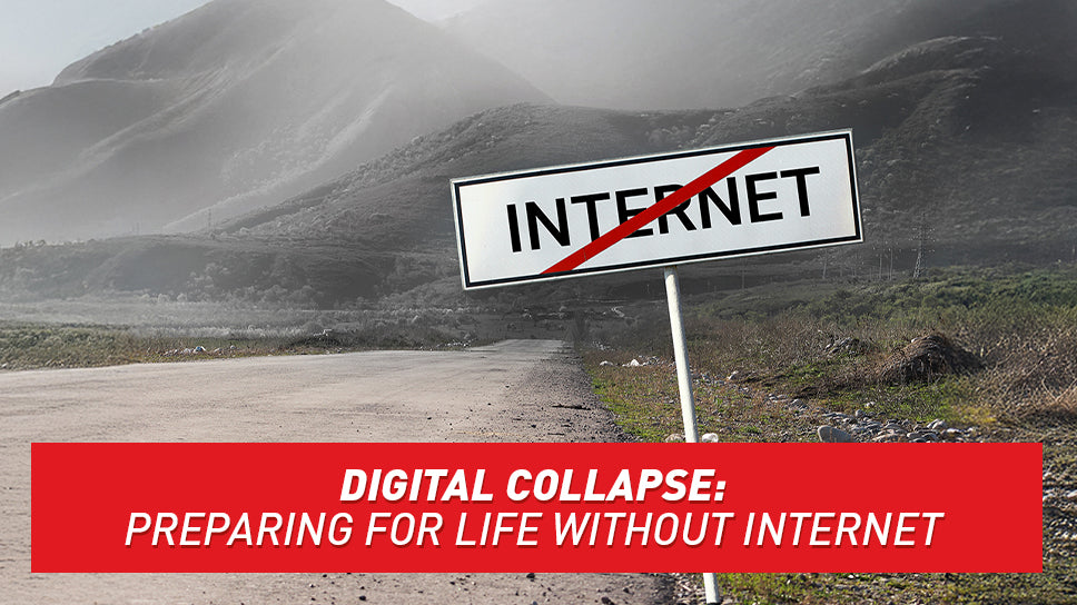 A vast, open road in the foggy mountains. A sign that says "Internet" has a red slash through it.