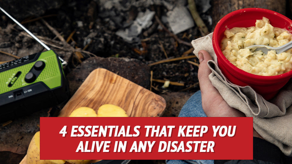 Man sitting by fire with emergency food and radio