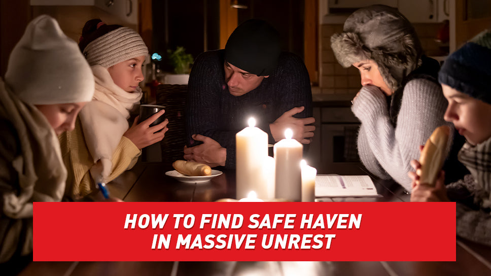 A family in warm clothes huddled together around a table with lit candles in the center.