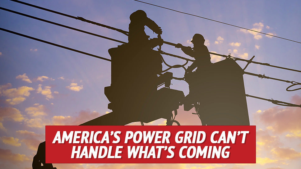 Silhouette of power lines against a sunset sky with a red banner stating 'America's power grid can't handle what's coming'.
