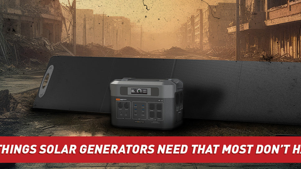 A generator and solar panels set up in the street, surrounded by apocalyptic chaos.