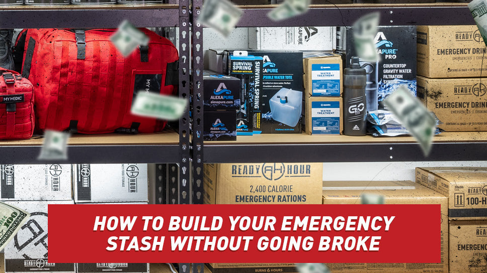 A stack of emergency supplies sitting on shelves with cash floating down in front of it.