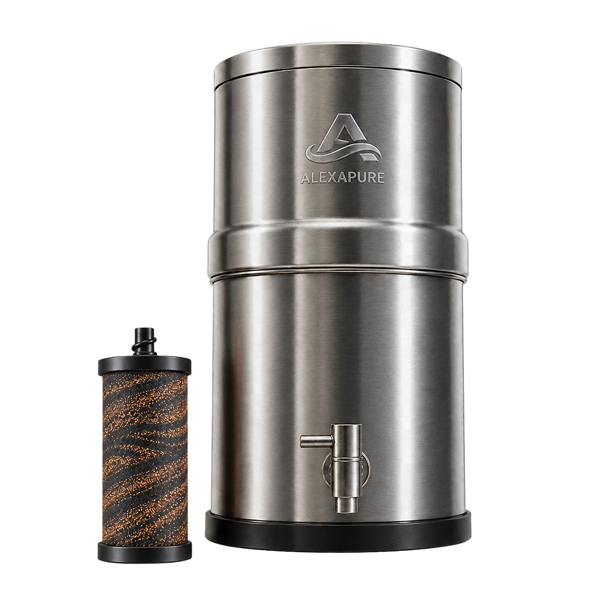 Alexapure Pro Gen 2 Water Filtration System — stainless steel gravity water filter for everyday use and emergency preparedness, rigorously tested, all-new filter, 2X flow rate