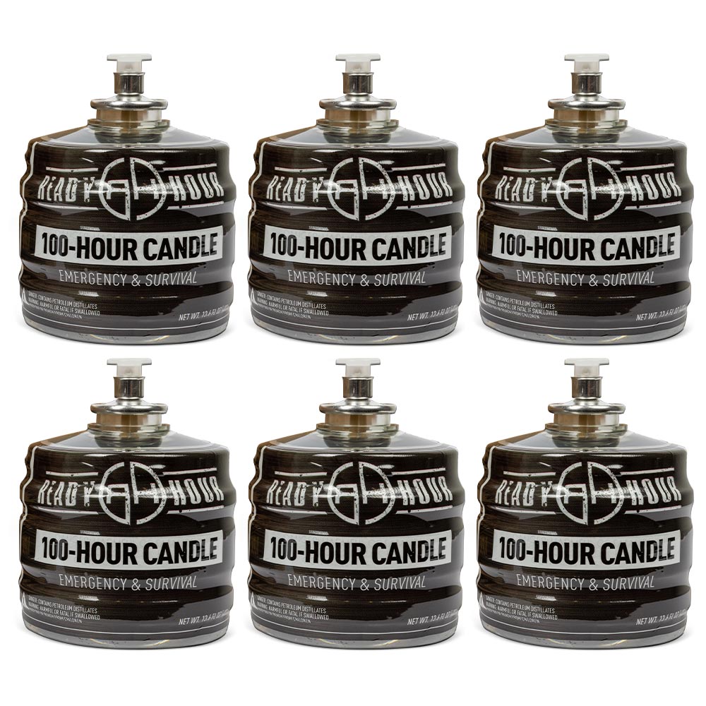 A set of six black emergency candles with white labeling that reads '100-Hour Candle'