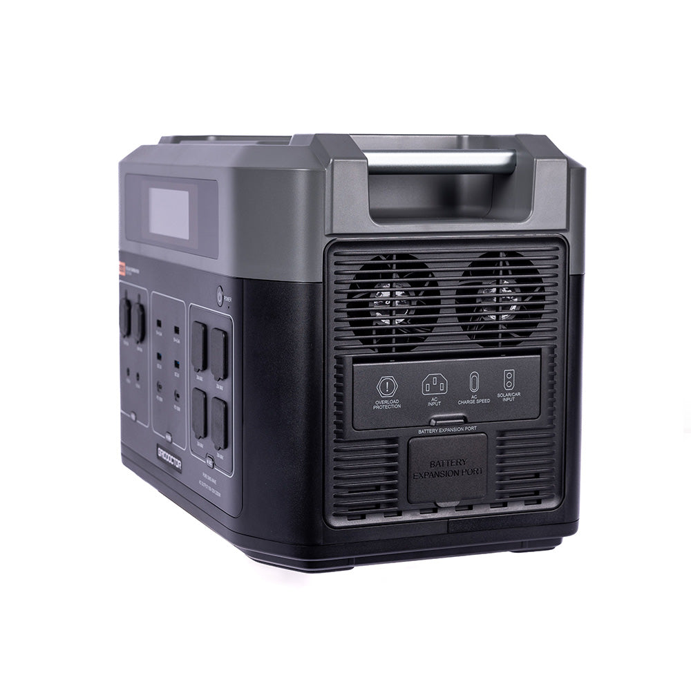 Black and grey portable emergency power battery with a capacity of 2048Wh, equipped with various output ports and charging cables, ready for emergency use.