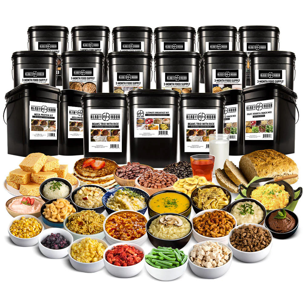 Multiple six month and beans and rice food buckets with bowls of prepared food