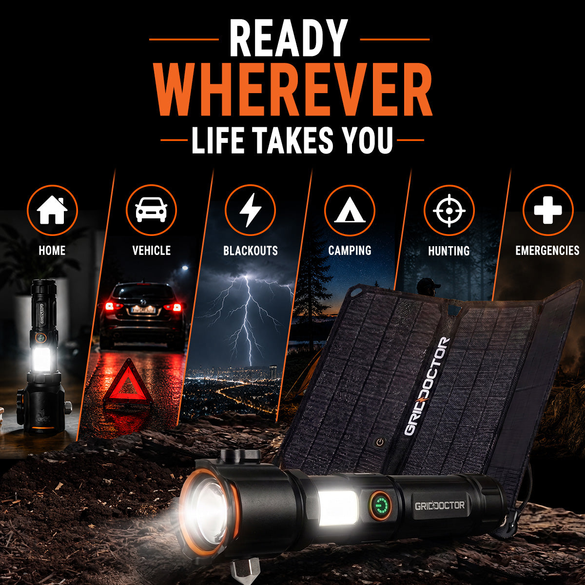 Tactical flashlight held in hand for size reference