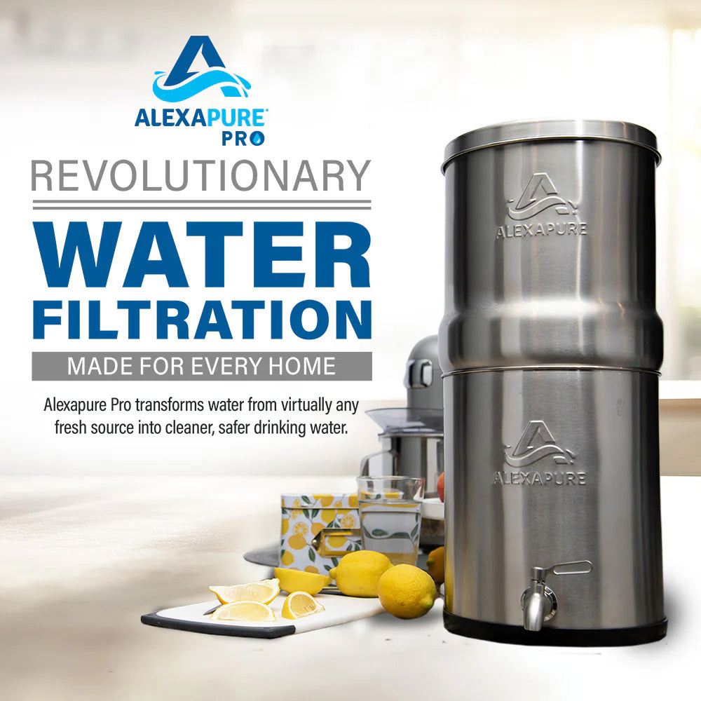 Alexapure Pro water filtration system with lemons and a cutting board on a kitchen counter.