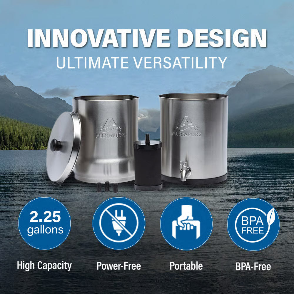 An Alexapure water filter system, disassembled and assembled, set against a lake and mountain backdrop, highlighting its "INNOVATIVE DESIGN" and features like "High Capacity" and "Power-Free."