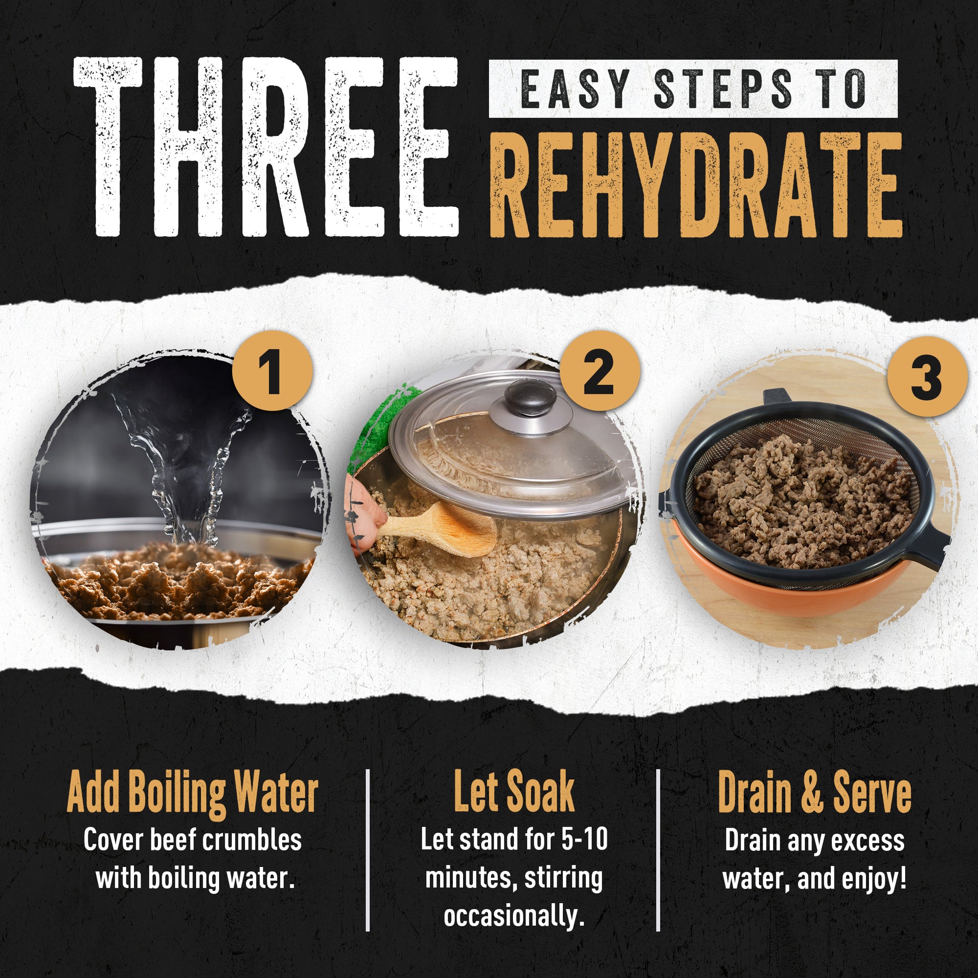 Three easy steps to rehydrate beef - add water, soak, drain & serve