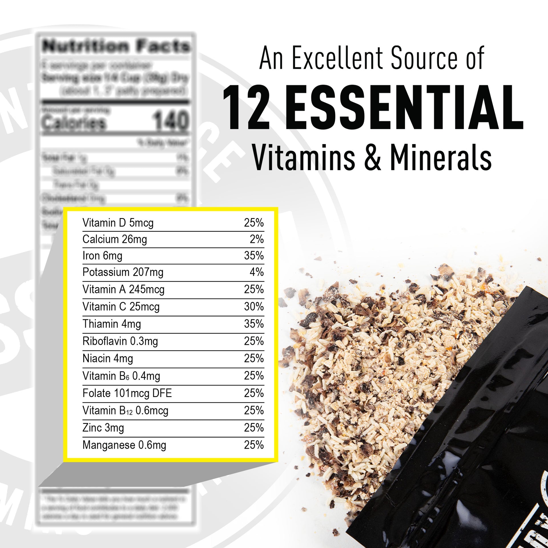 Nutrition label with 12 essential vitamins & minerals