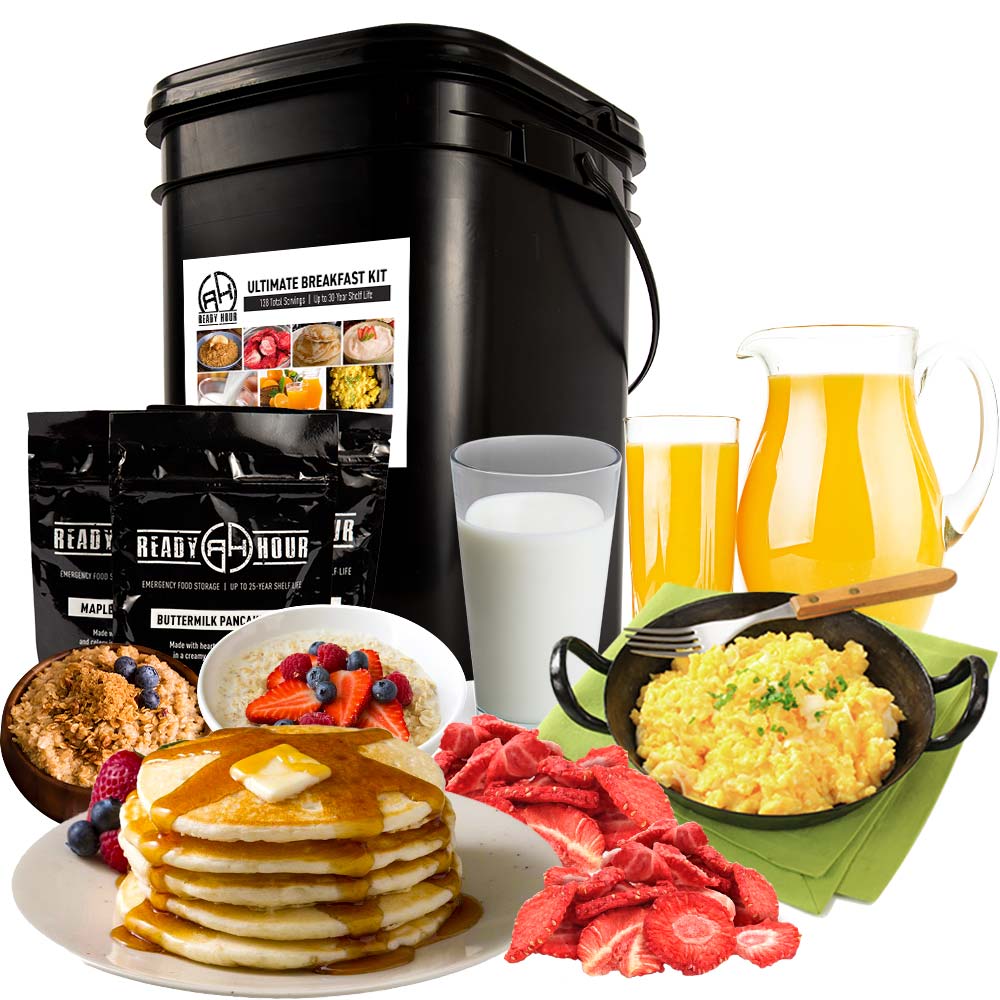 Breakfast setup with pancakes, eggs, bacon in survival supply bucket