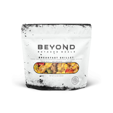 Beyond Outdoor Meals Breakfast Skillet packaged in a white pouch. One of our favorite "just add hot water" meals.