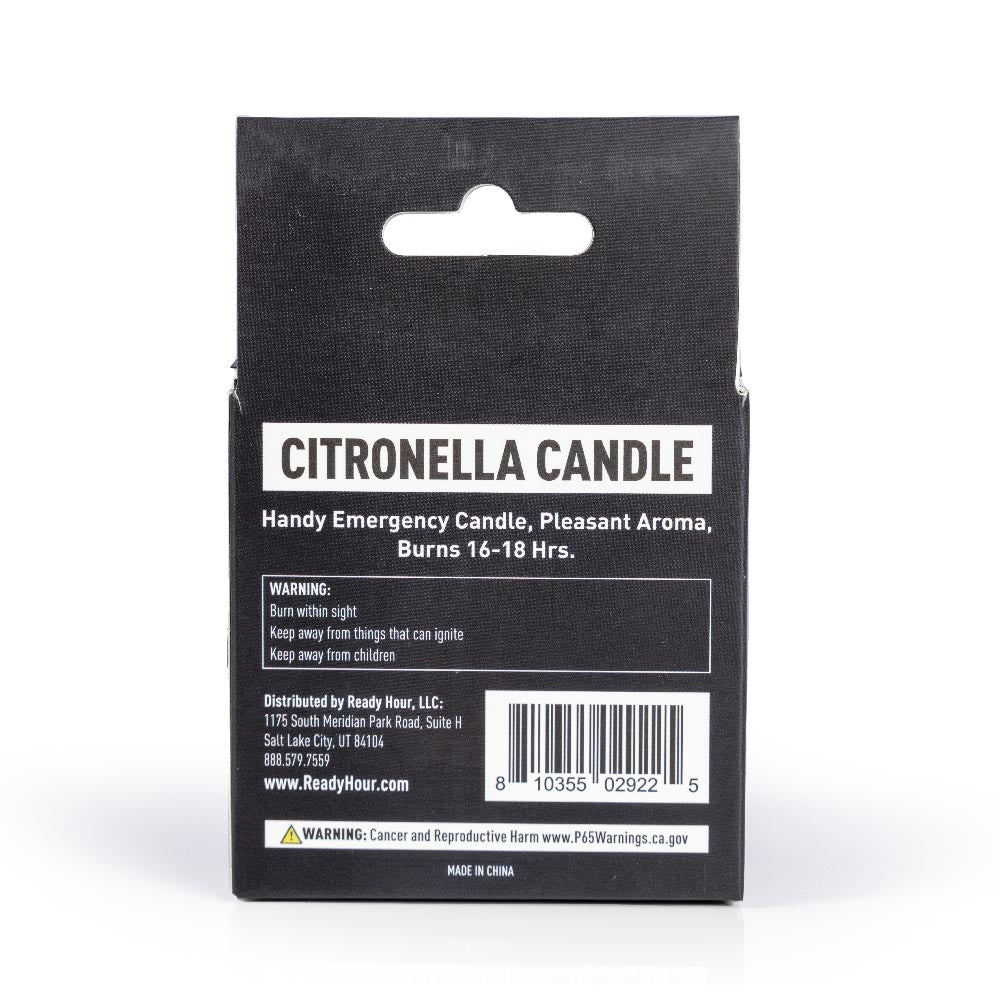 back view of citronella candle by ready hour packaging
