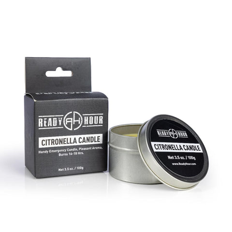 Image of citronella candle by ready hour sitting next to packaging 