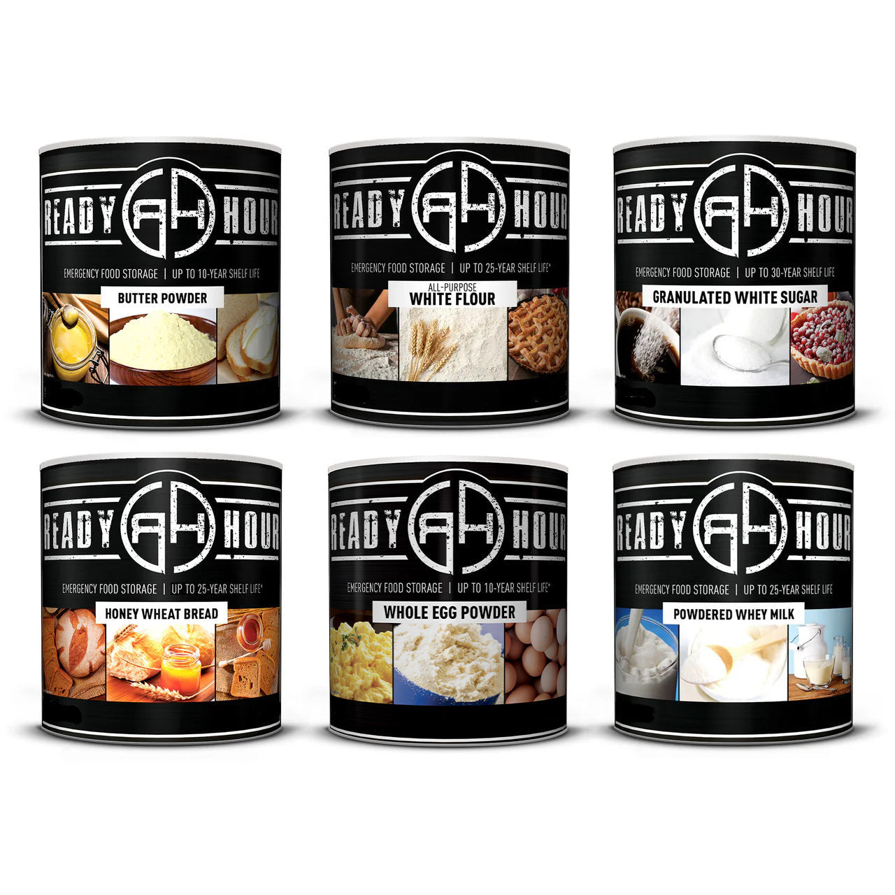 Ready Hour Emergency Staples #10 Can Food Pack (923 servings) — six cans of butter powder, flour, sugar, bread, egg powder, and whey milk