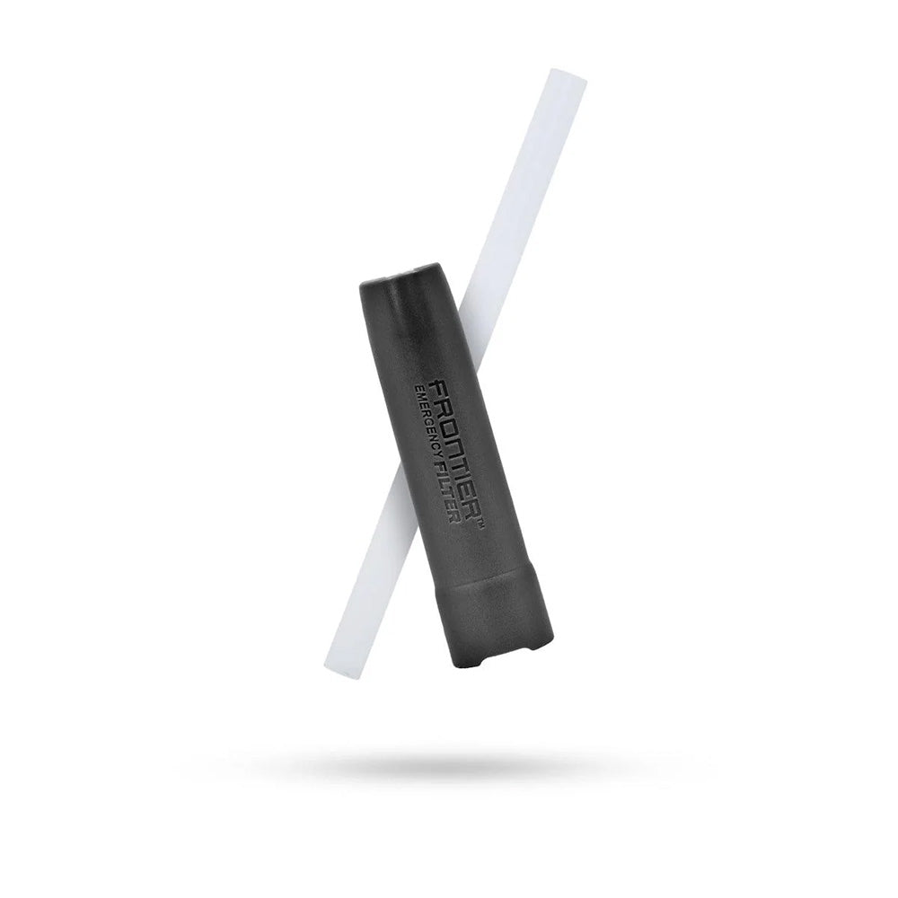 Aquamira Frontier Straw portable water filter with black filter body and clear drinking tube on a white background.