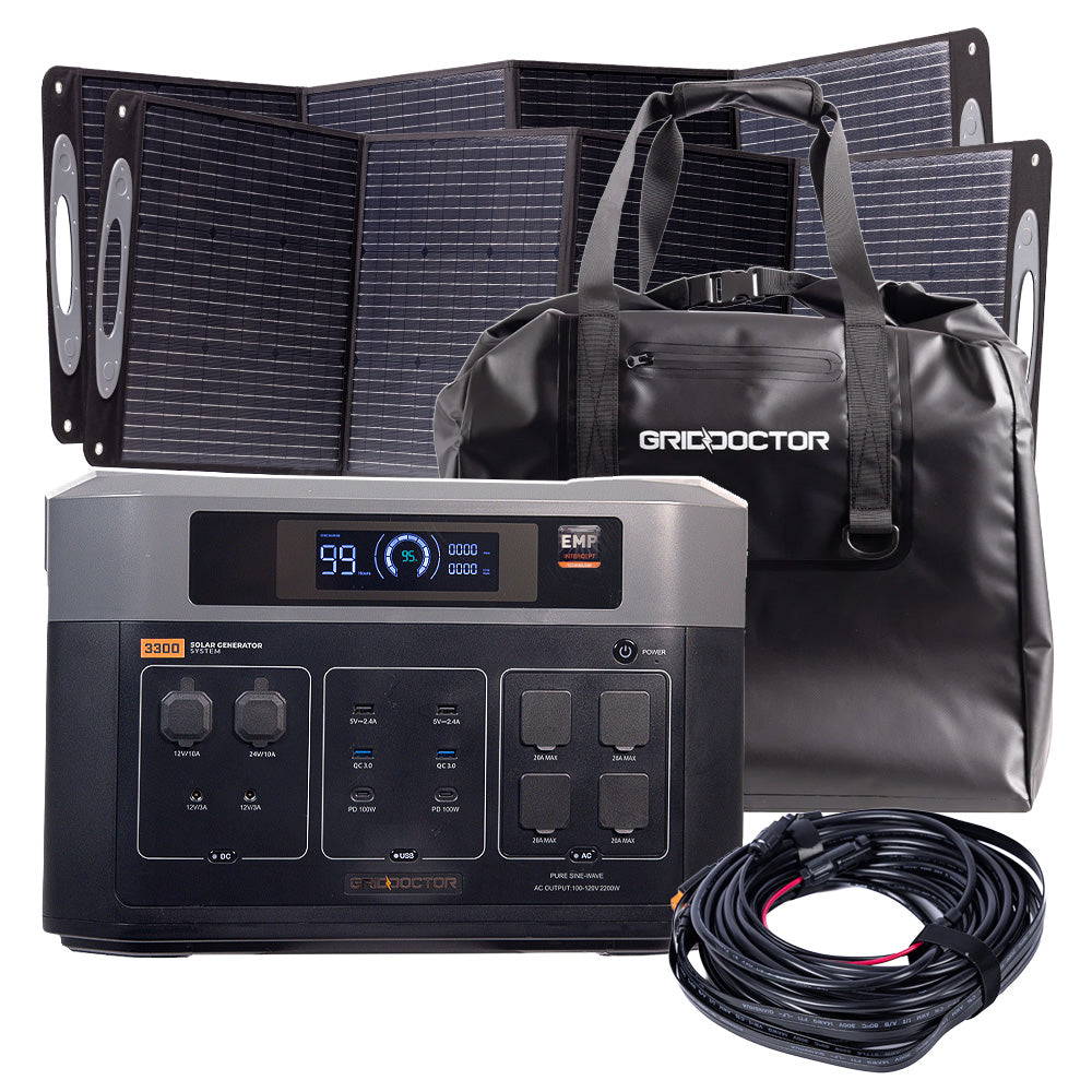 Grid Doctor Power Essentials Kit includes the 3300 Solar Generator System w/ EMP Protection, two 200W Solar Panels, a 75-Foot Extension Cord and a Faraday Bag.
