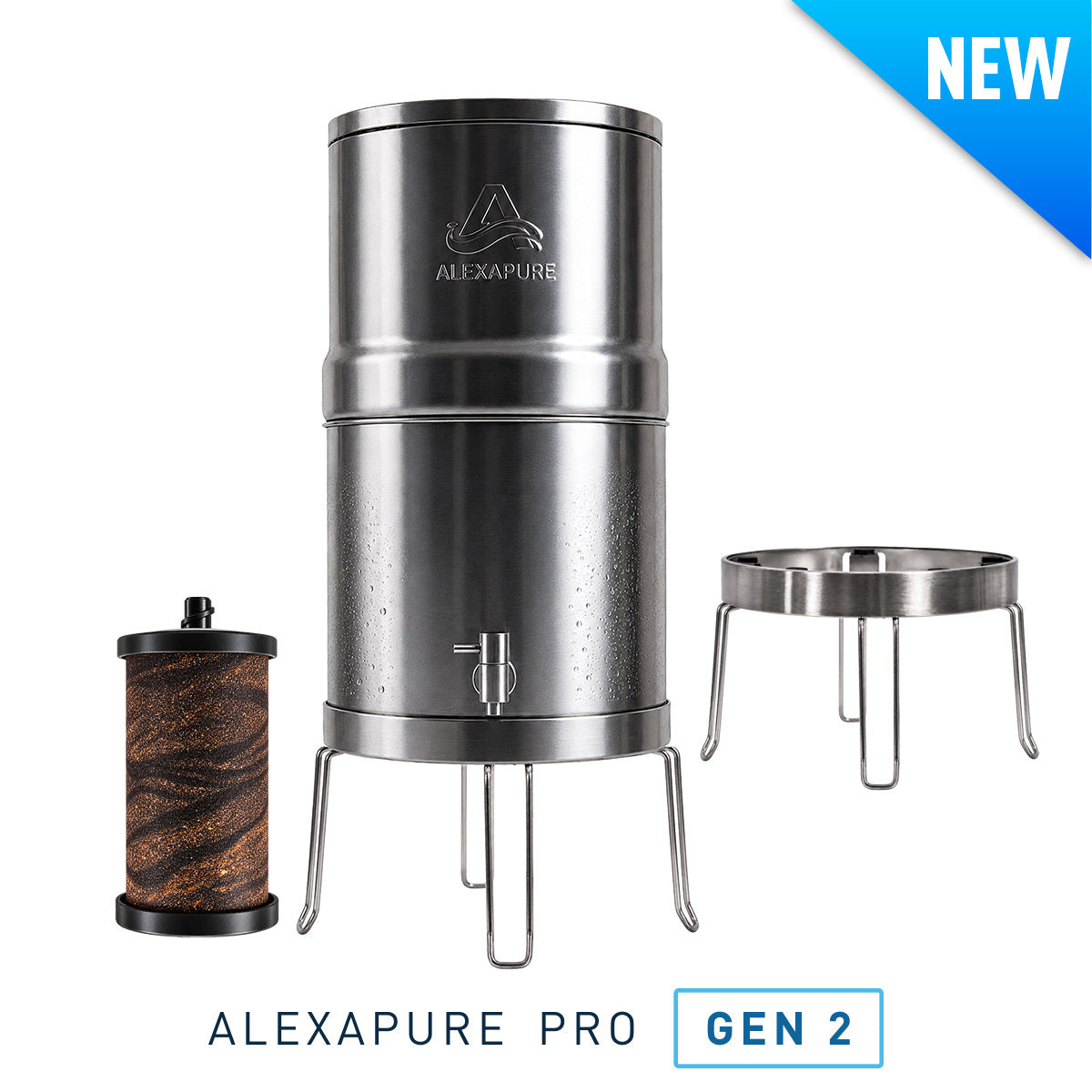 Alexapure Pro & Stand Kit overview — stainless steel stand raises your system 7 inches for easier dispensing, Alexapure Pro Gen 2 system with 5-gallon total system capacity, Gen 2 filter rated up to 200 gallons total capacity, filters made in the USA, rigorously tested, 2X flow rate