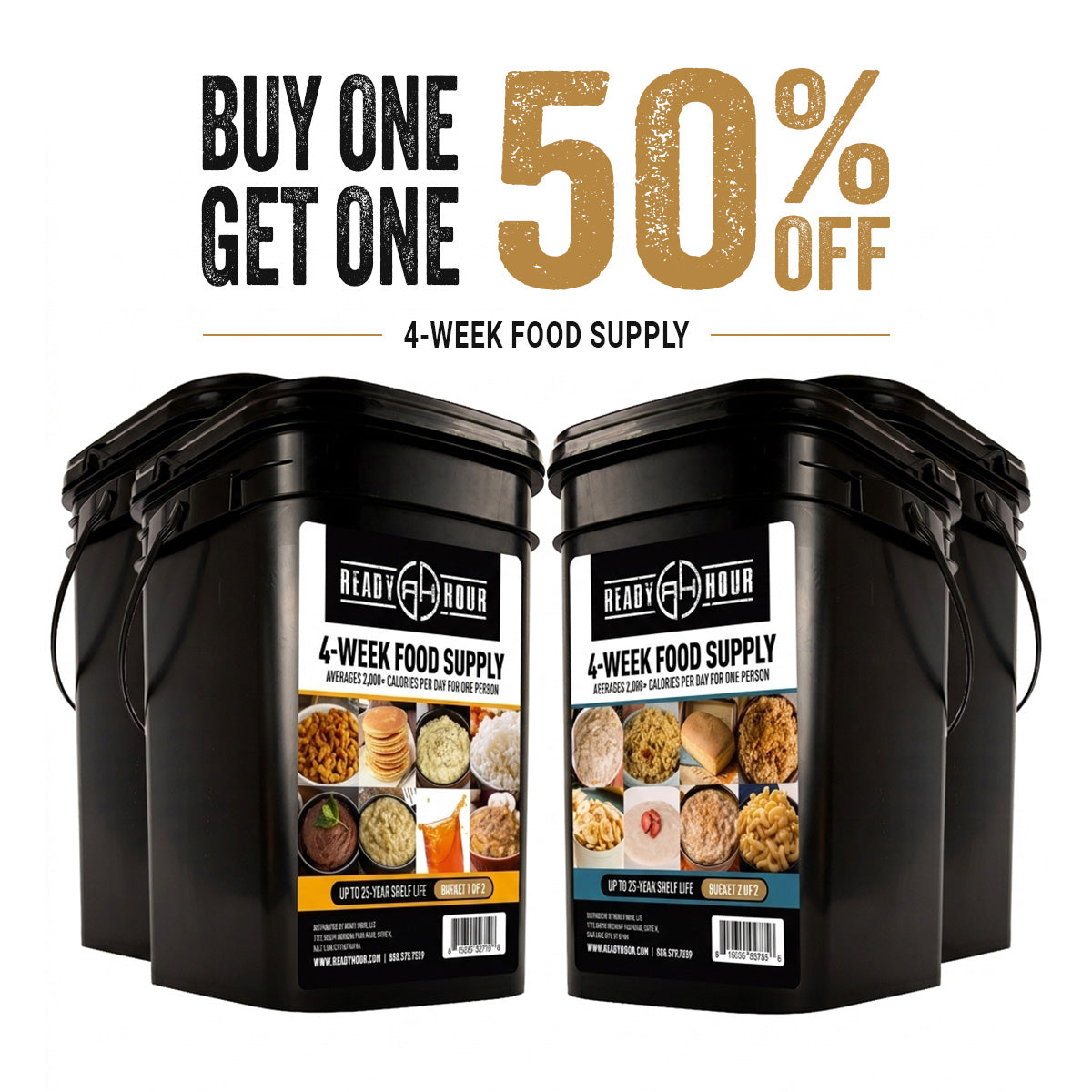 4 buckets included in this deal, equivalent to two 4-Week Emergency Food Supply kits