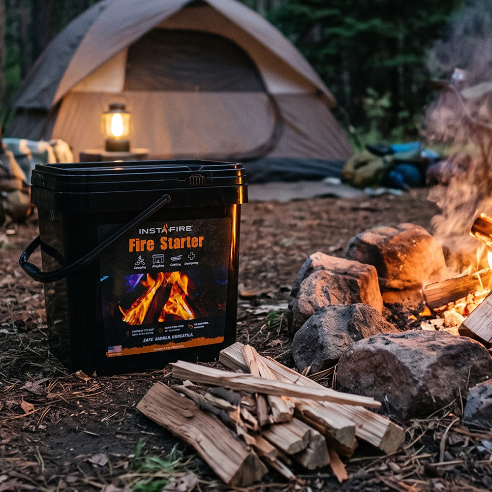 InstaFire Fire Starter & Fuel black 2-gallon bucket beside a campfire and firewood at an outdoor campsite with a tent.
