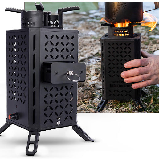 InstaFire Inferno Pro Stove folded and in use outdoors — adjustable airflow control for variable heat