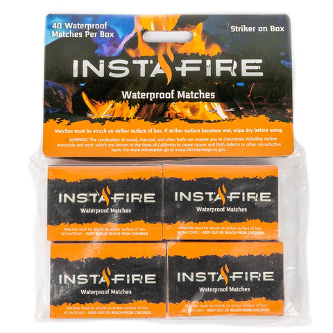 Image of Four boxes of InstaFire Waterproof Matches. Packaging is orange and black.