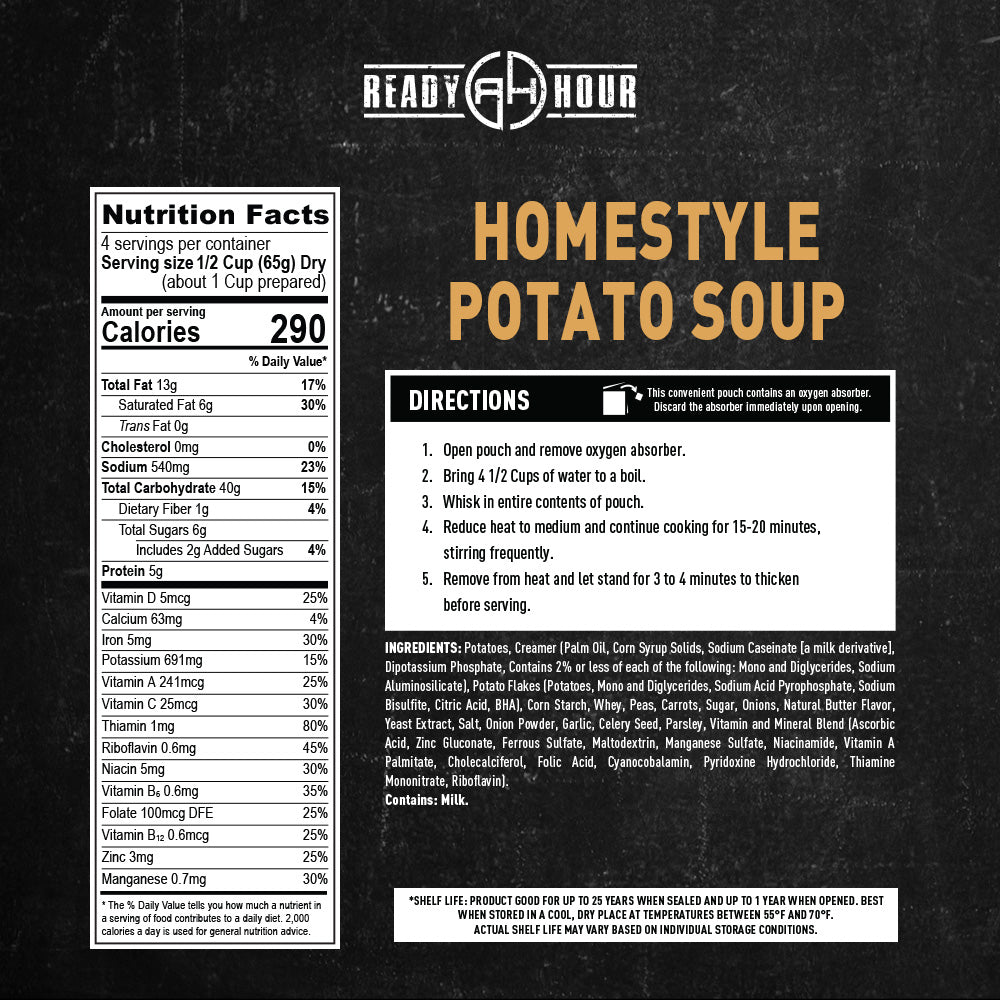 Nutrition facts and directions label for Homestyle Potato Soup by Ready Hour