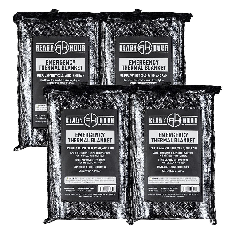 Four black emergency thermal blankets from Ready 4 Hour, arranged in a 2x2 grid on a plain white background.