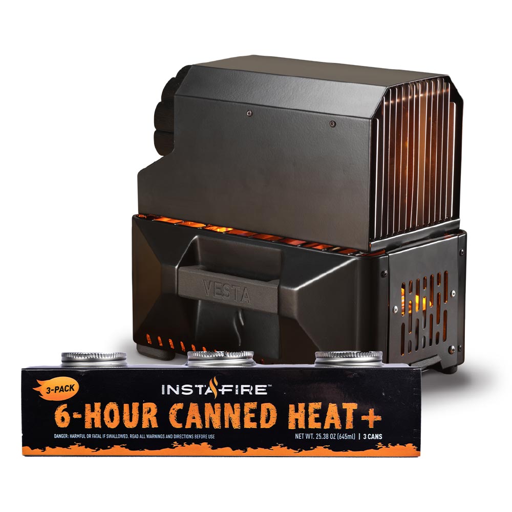 InstaFire 6-Hour Canned Heat and Vesta stove with packaging on a white background