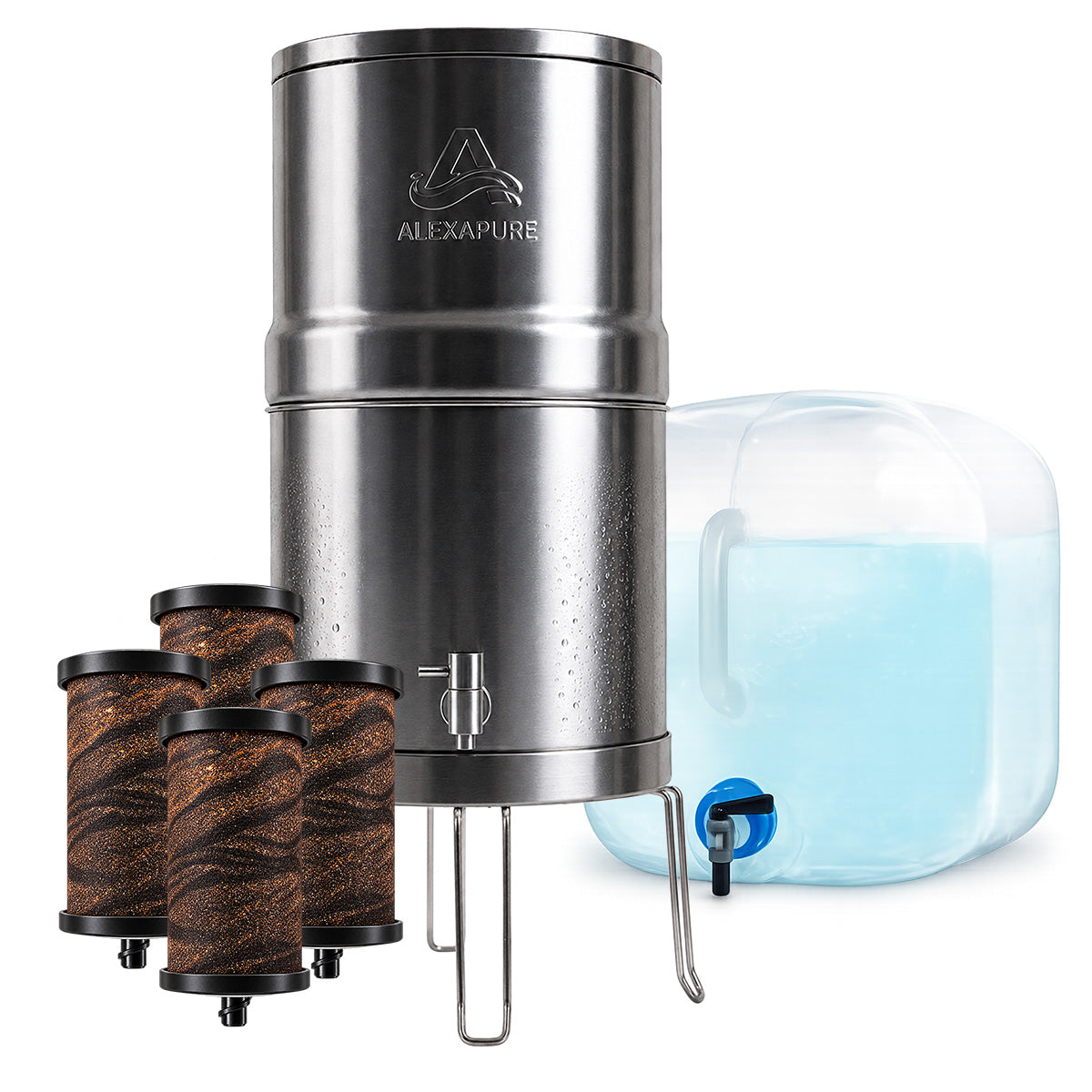 Alexapure Pro Ultimate Flow Water Filtration Kit — stainless steel gravity water filter system with 4 replacement filters, stainless steel stand, and 5-gallon collapsible water container