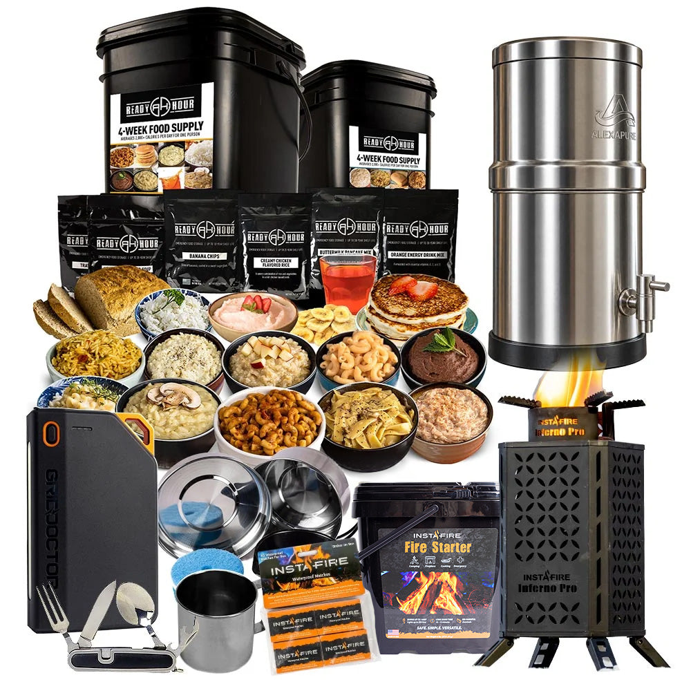 My Patriot Supply Ultimate Solar Power & Cooking Emergency Food Kit (9 items) — 4-week food supply, Alexapure Pro water filter, Inferno Pro stove, 65W power bank, mess kit, cutlery tool, drinking cup, fire starter, and waterproof matches