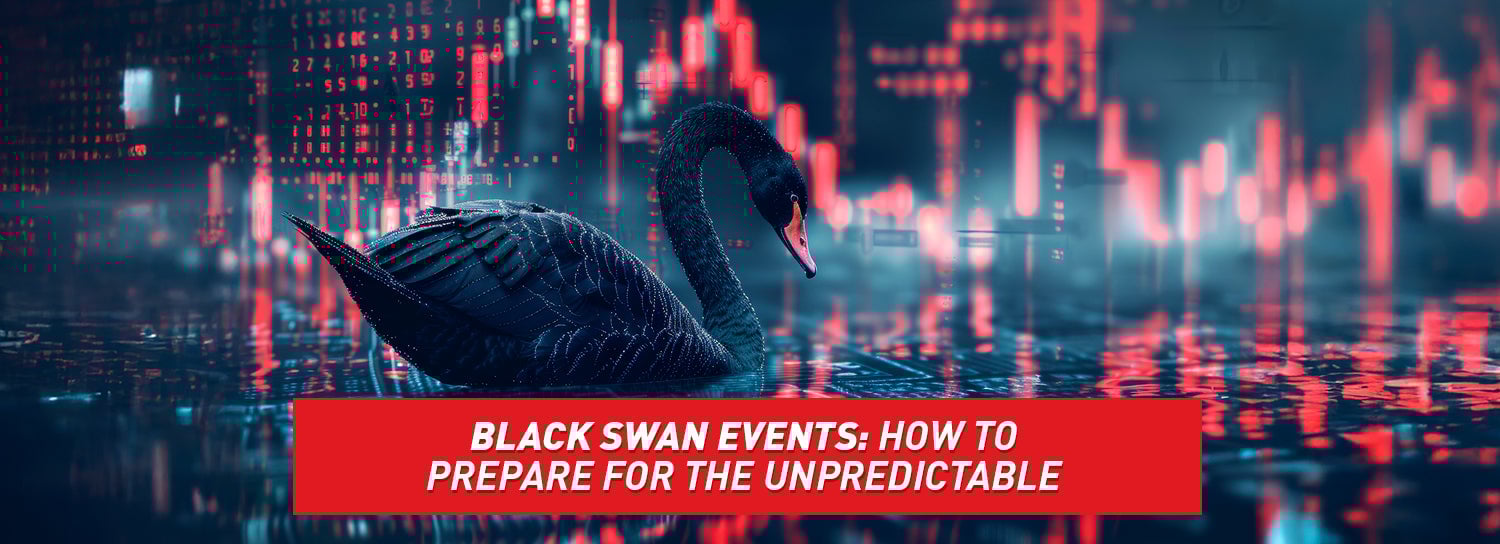 A black swan in front of a tech-looking city.