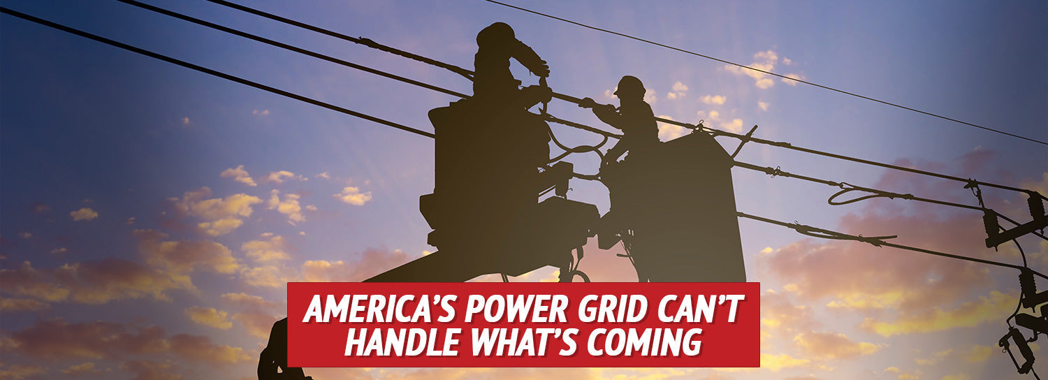 Silhouette of power lines against a sunset sky with a red banner stating 'America's power grid can't handle what's coming'.
