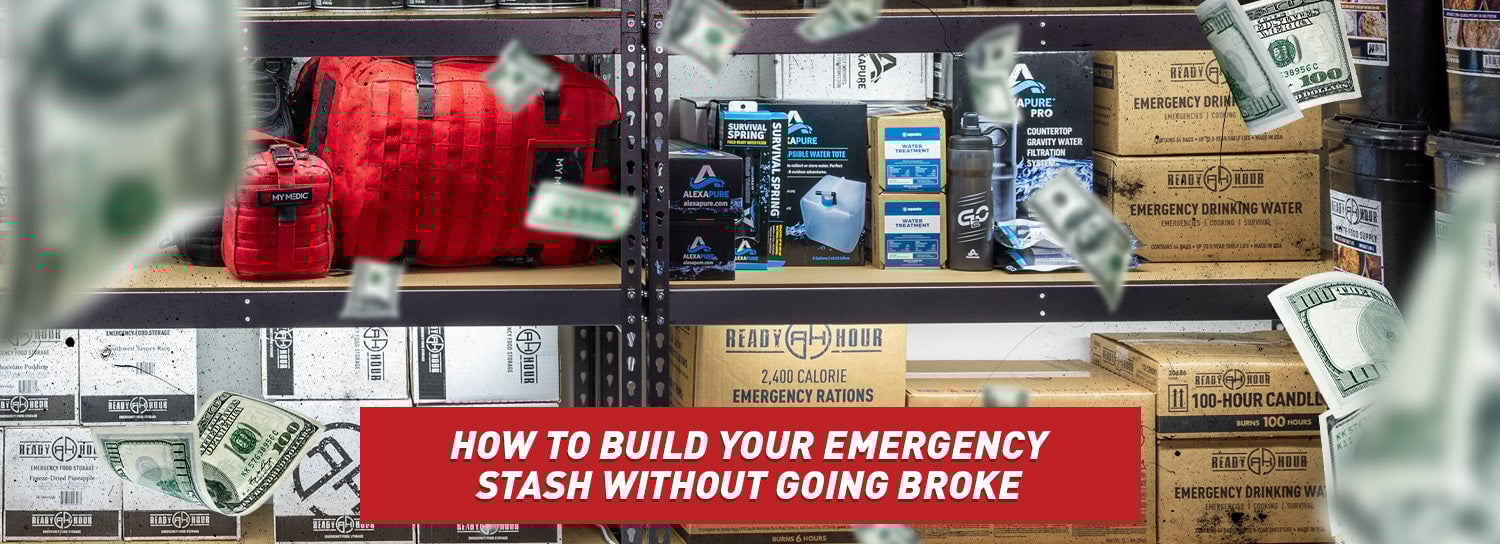 A stack of emergency supplies sitting on shelves with cash floating down in front of it.