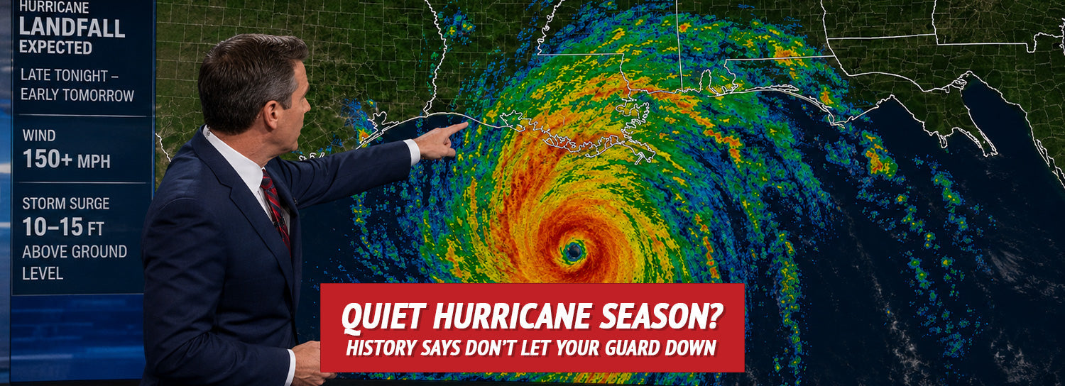 A weather presenter points toward a large hurricane map graphic on a studio screen. A red banner at the bottom reads 'Quiet Hurricane Season? History Says Don't Let Your Guard Down.