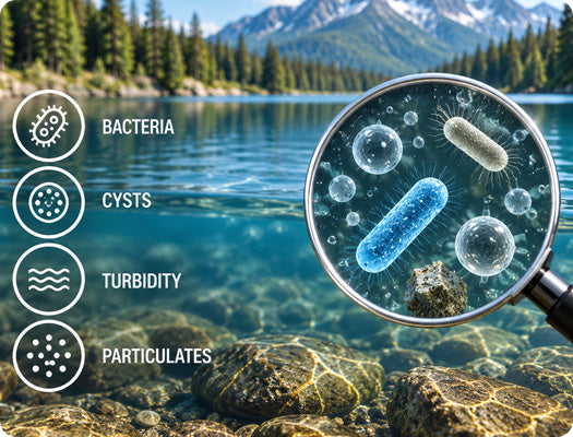 Magnified view of bacteria and microorganisms in a natural water source, with icons for bacteria, cysts, turbidity, and particulates