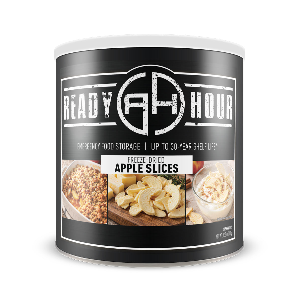 Ready Hour Freeze-Dried Apple Slices #10 can with apple slices pictured on the product label