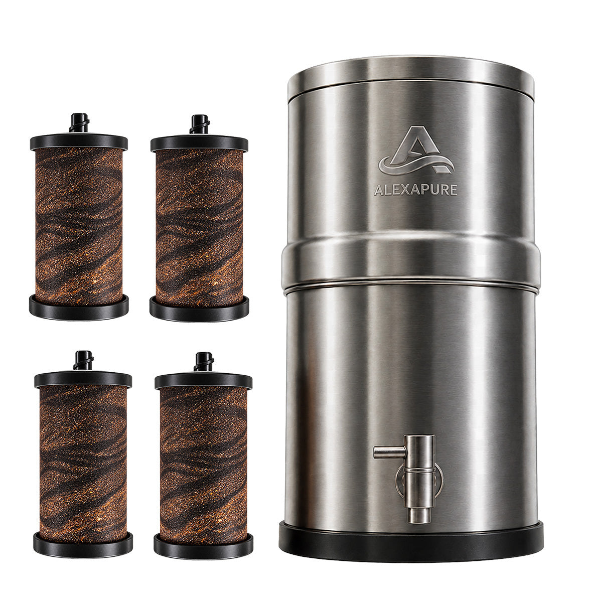 Alexapure Pro Super Flow Water Filtration Kit — stainless steel gravity water filter system with 4 replacement filters, 2X flow rate, up to 800 gallons total filtration capacity