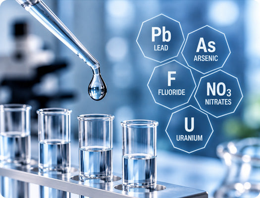 Water test tubes with icons for lead, arsenic, fluoride, nitrates, and uranium