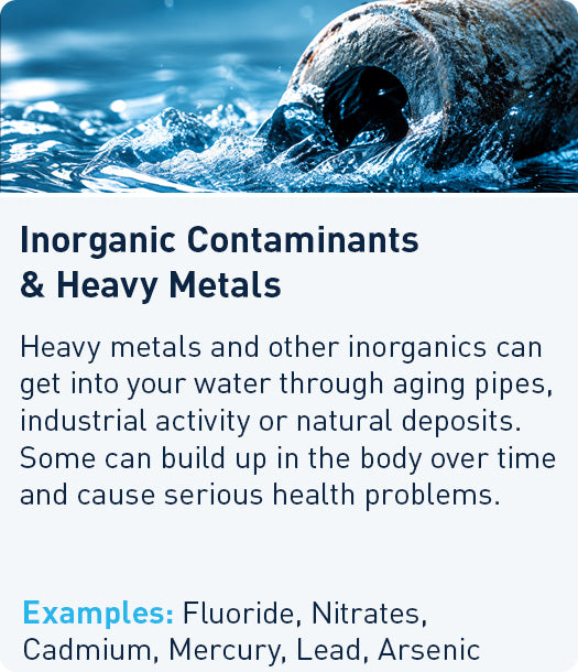 Inorganic Contaminants & Heavy Metals: enter water through aging pipes, industrial activity, or natural deposits. Examples: Fluoride, Nitrates, Cadmium, Mercury, Lead, Arsenic