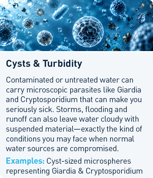 Cysts & Turbidity: contaminated or untreated water can carry microscopic parasites and cloudy suspended material. Examples: Giardia, Cryptosporidium