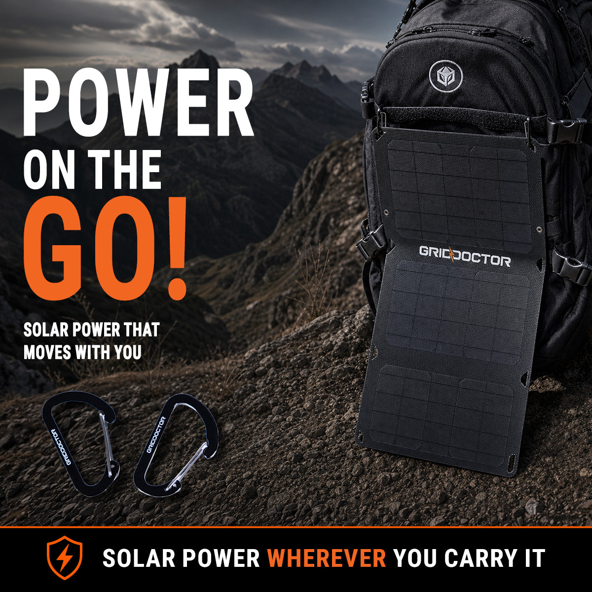Everything included: flashlight, solar panel, cables, carabiners, lanyard, and information card