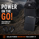 Everything included: flashlight, solar panel, cables, carabiners, lanyard, and information card