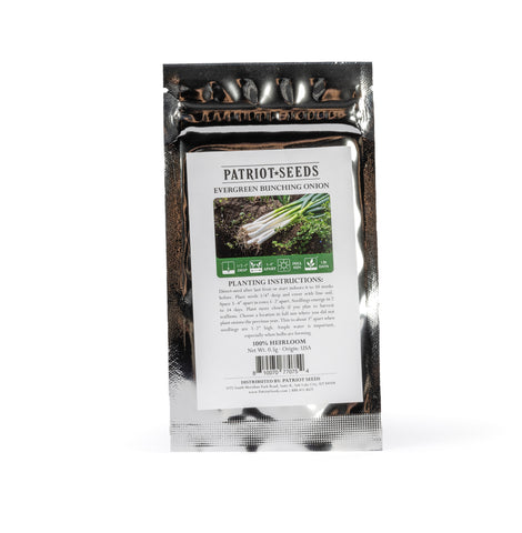 Image of heirloom evergreen bunching onion seeds in pouch