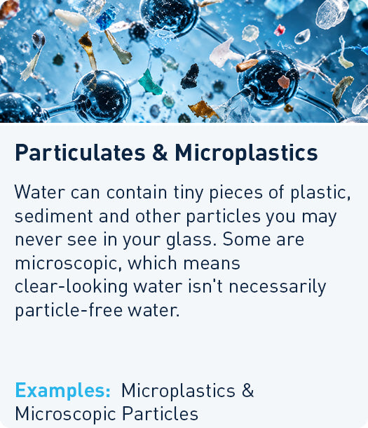Particulates & Microplastics: water can contain tiny, often invisible plastic and sediment particles. Examples: Microplastics, microscopic particles