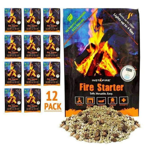 Image of 12 InstaFire Fire Starter Pouches, plus a pile of the contents of the pouches.
