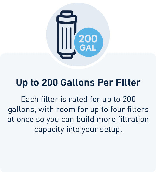 Up to 200 Gallons Per Filter: each filter is rated for up to 200 gallons, with room for up to four filters at once to build more filtration capacity into your setup